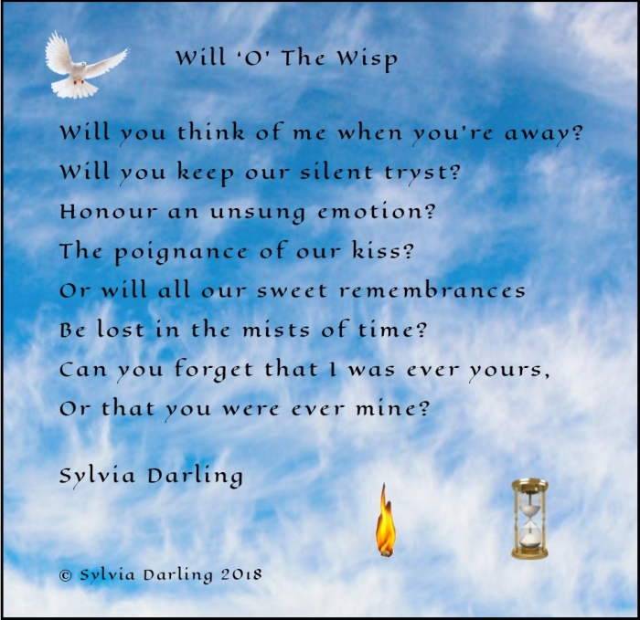 Blue clouds with dove and hour glass.